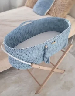 Kosz Mojżesza BOHO bawełniany Handmade z materacykiem - misty blue