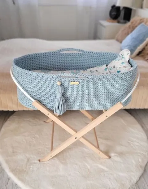 Kosz Mojżesza BOHO bawełniany Handmade z materacykiem - misty blue