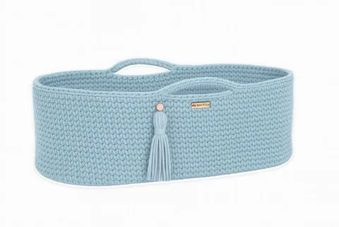 Kosz Mojżesza BOHO bawełniany Handmade z materacykiem - misty blue