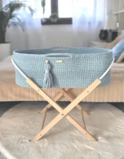 Kosz Mojżesza BOHO bawełniany Handmade z materacykiem - misty blue