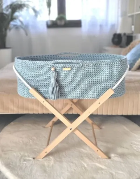 Kosz Mojżesza BOHO bawełniany Handmade z materacykiem - misty blue