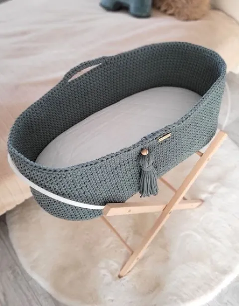 Kosz Mojżesza BOHO bawełniany Handmade z materacykiem - laurel