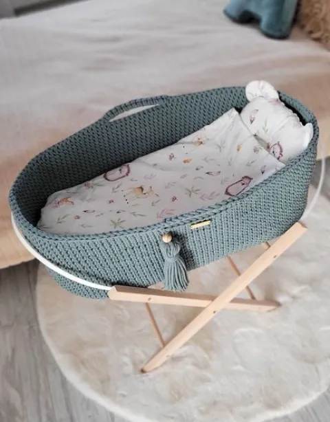 Kosz Mojżesza BOHO bawełniany Handmade z materacykiem - laurel