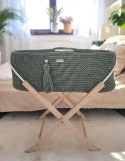 Kosz Mojżesza BOHO bawełniany Handmade z materacykiem - szałwia