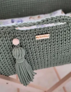 Kosz Mojżesza BOHO bawełniany Handmade z materacykiem - szałwia