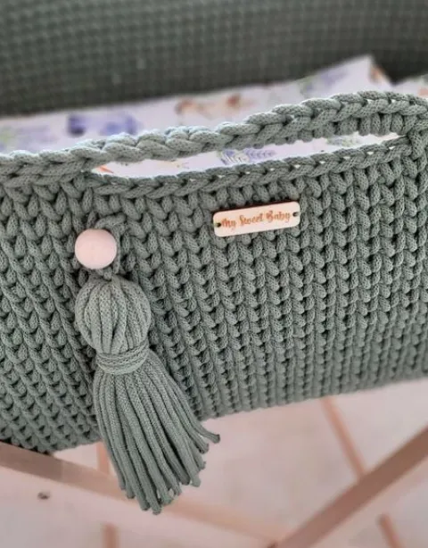 Kosz Mojżesza BOHO bawełniany Handmade z materacykiem - szałwia