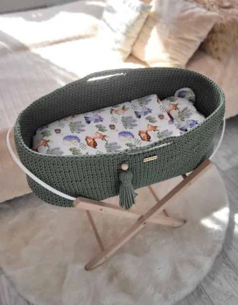 Kosz Mojżesza BOHO bawełniany Handmade z materacykiem - szałwia