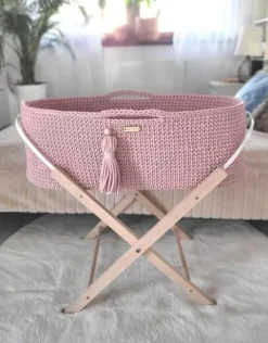 Kosz Mojżesza BOHO bawełniany Handmade z materacykiem - pastel pink