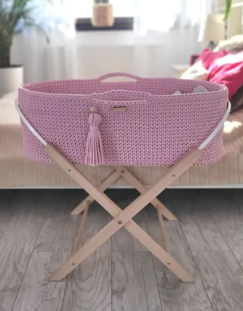 Kosz Mojżesza BOHO bawełniany Handmade z materacykiem - różowy