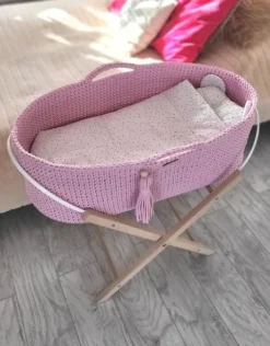 Kosz Mojżesza BOHO bawełniany Handmade z materacykiem - różowy