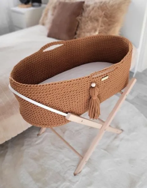 Kosz Mojżesza BOHO bawełniany Handmade z materacykiem - caramel