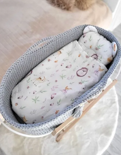 Kosz Mojżesza BOHO bawełniany Handmade z materacykiem - szary
