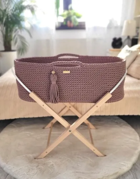 Kosz Mojżesza BOHO bawełniany Handmade z materacykiem - mauve