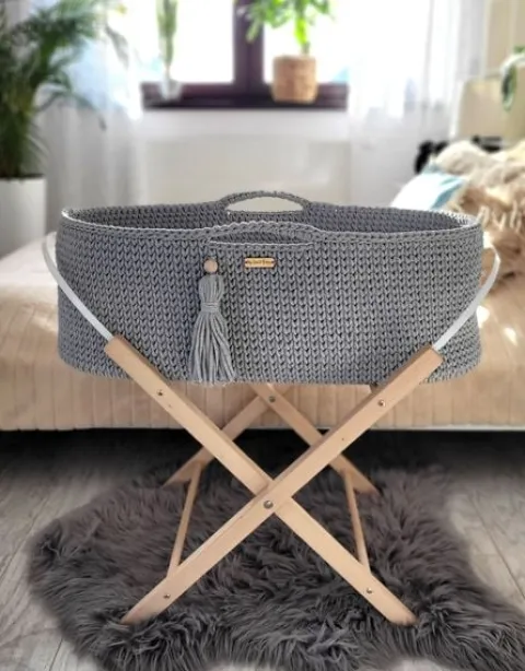 Kosz Mojżesza BOHO bawełniany Handmade z materacykiem - ciemny szary