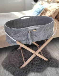 Kosz Mojżesza BOHO bawełniany Handmade z materacykiem - ciemny szary