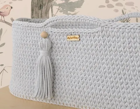Kosz Mojżesza BOHO bawełniany Handmade z materacykiem - jasny szary