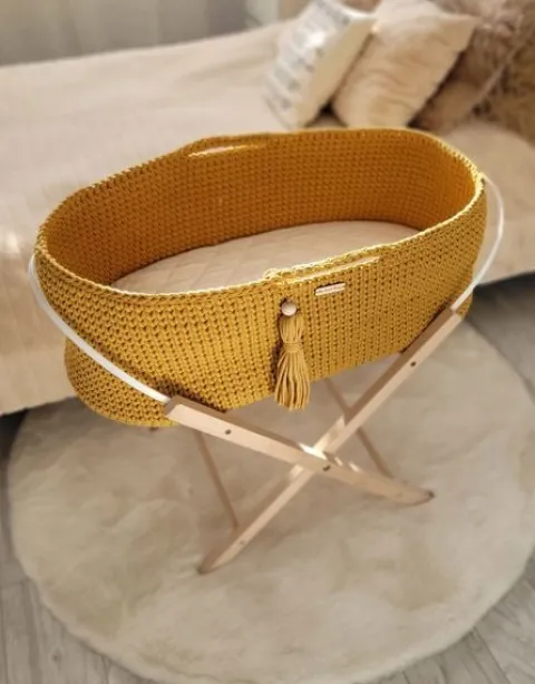 Kosz Mojżesza BOHO bawełniany Handmade z materacykiem - musztardowy