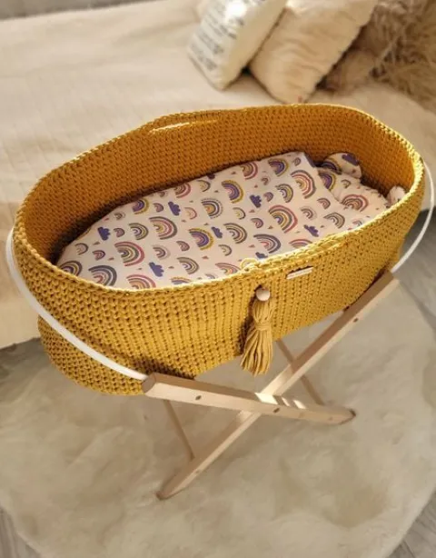 Kosz Mojżesza BOHO bawełniany Handmade z materacykiem - musztardowy