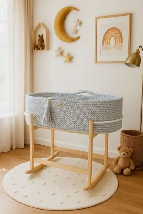 Kosz Mojżesza BOHO Handmade z kołyską - jasny szary