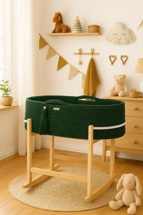 Kosz Mojżesza BOHO Handmade z kołyską - butelkowa zieleń