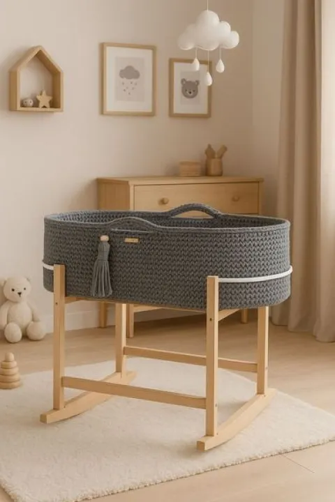 Kosz Mojżesza BOHO Handmade z kołyską - ciemny szary