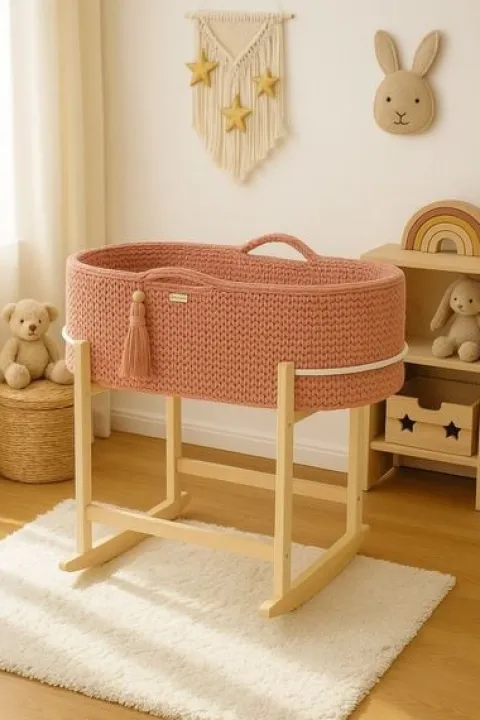 Kosz Mojżesza BOHO Handmade z kołyską - blush