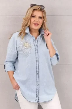 KOSZULA JEANSOWA DAMSKA DUŻE ROZMIARY ELEGANCKA DŁUGA OVERSIZE STYLOWA