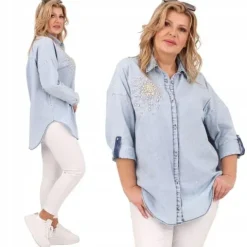 KOSZULA JEANSOWA DAMSKA DUŻE ROZMIARY ELEGANCKA DŁUGA OVERSIZE STYLOWA