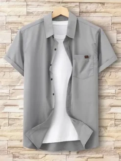 KOSZULA MĘSKA Z KRÓTKIM RĘKAWEM Z NASZYWKĄ SZARA CASUAL SHEIN XL