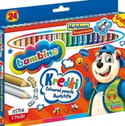 Kredki Bambino 24 kolory GRUBE złota + srebrna + GRATIS temperówka metalowa