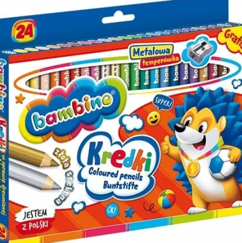 Kredki Bambino 24 kolory GRUBE złota + srebrna + GRATIS temperówka metalowa