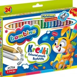 Kredki Bambino 24 kolory GRUBE złota + srebrna + GRATIS temperówka metalowa