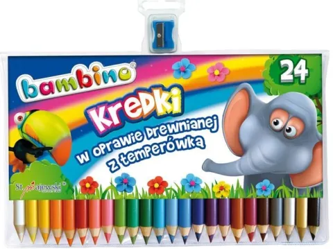 Kredki Bambino 24 kolory GRUBE złota + srebrna + GRATIS temperówka metalowa