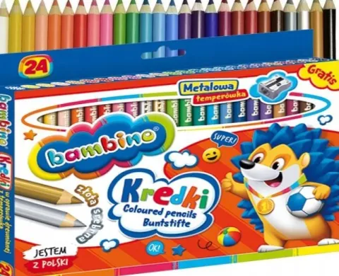Kredki Bambino 24 kolory GRUBE złota + srebrna + GRATIS temperówka metalowa