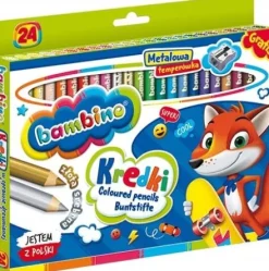 Kredki Bambino 24 kolory GRUBE złota + srebrna + GRATIS temperówka metalowa