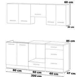 Kuchnia Modułowa Mała Nowoczesna Blat 2.0m Drewniane Wotan Dąb Wotan Szary