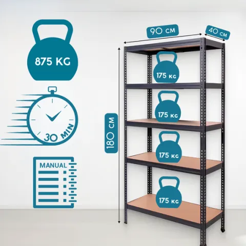 magazynowy regał metalowy garażowy 180 cm 5 półek kolor czarny piwnica 2w1
