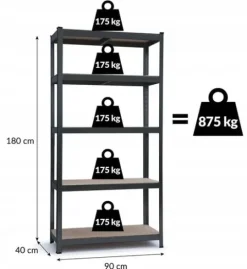 Magazynowy regał metalowy garażowy 180 cm 5 półek kolor czarny piwnica 2w1