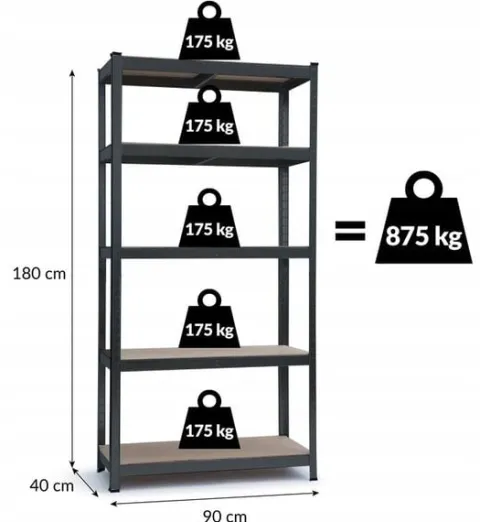 Magazynowy regał metalowy garażowy 180 cm 5 półek kolor czarny piwnica 2w1