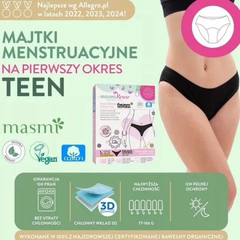 Majtki menstruacyjne ekologiczne Masmi DLA NASTOLATEK XS 100% bawełna BIO