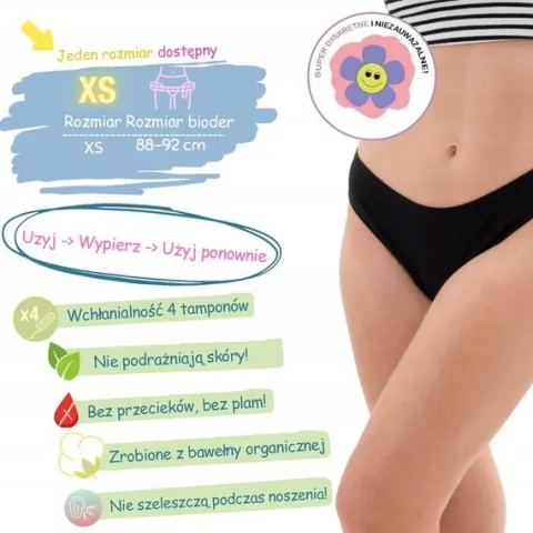 Majtki menstruacyjne ekologiczne Masmi DLA NASTOLATEK XS 100% bawełna BIO