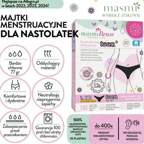 Majtki menstruacyjne ekologiczne Masmi DLA NASTOLATEK XS 100% bawełna BIO