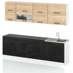 Meble Kuchenne Nowoczesne Kuchnia Robo Lux 2.6m Szafki Sonoma Czarny Połysk