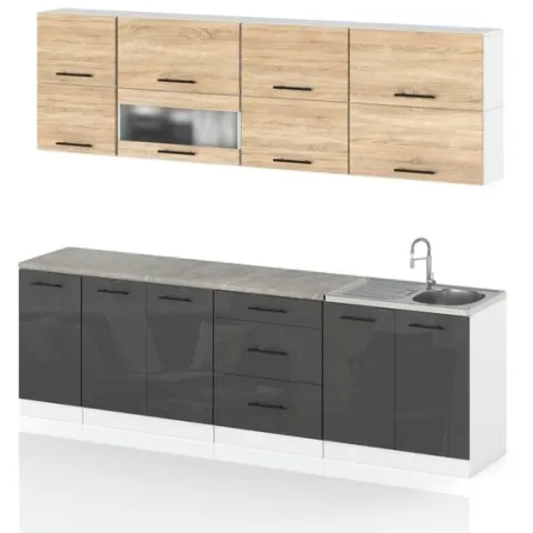 Meble Kuchenne Zestaw Kuchnia Robo Lux 2.6m Modułowa Sonoma Szary Połysk