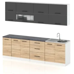 Meble Kuchenne Zestaw Kuchnia Robo Lux 2.6m Modułowa Szary Mat Dąb Sonoma