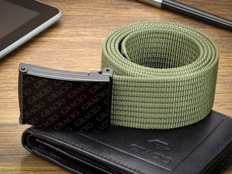 Męski KHAKI Pasek CZARNA Zaciskowa KLAMRA Krótki do SPODNI 95cm