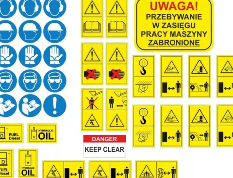Naklejki ostrzegawcze BHP piktogramy na maszyny rolnicze i przemysłowe