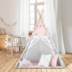 Namiot tipi dla dzieci z girlandą i światełkami Nukido - różowy