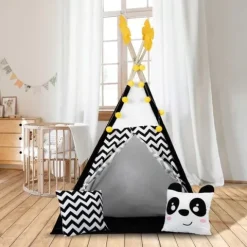 Namiot tipi dla dzieci z girlandą i światełkami Nukido biało czarny z pandą
