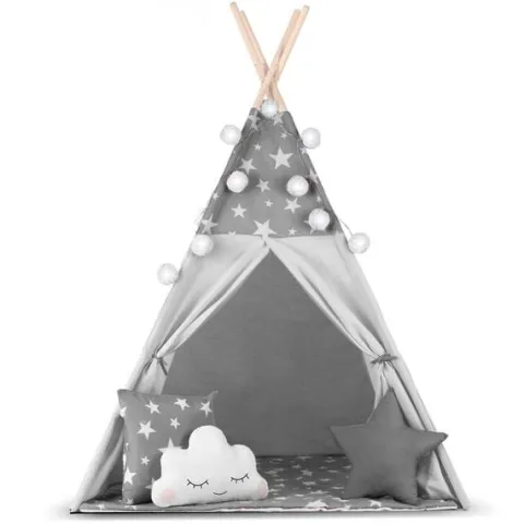 Namiot tipi dla dzieci z girlandą i światełkami Nukido - szare w gwiazdki